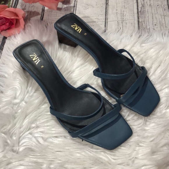 Zara Shoes - Zara Navy Strappy Square Toe Low Heel Sandals